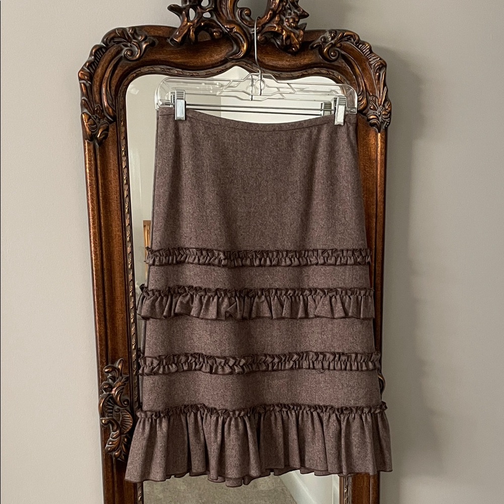 Wool Blend Tweed Midi Skirt with Ruffles